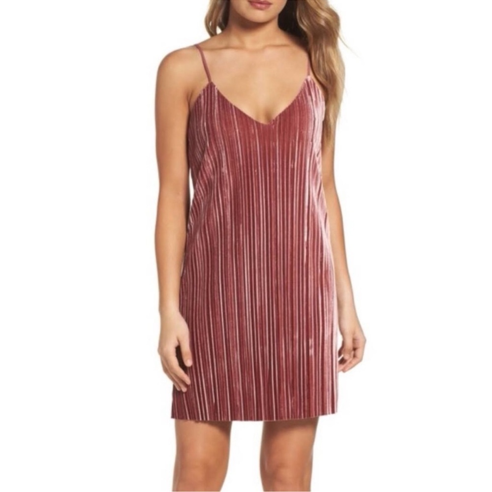 Bardot Velvet Rose Gold Shift Dress, Pleated, Cocktail Party, Dusty Pink, Date